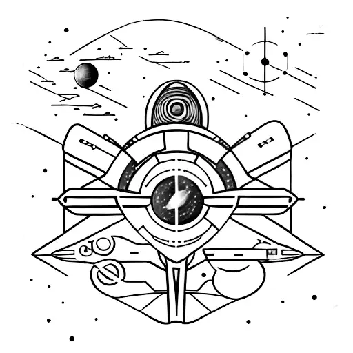 A sleek spaceship cruising through the Milky Way galaxy, with the Sagittarius constellation shining brightly above. Intertwine motivational words like 'Explore Beyond Limits' or 'Reach for the Stars' radiating out from the Sagittarius symbol. tattoo design idea