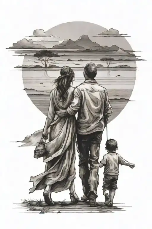 father mother and son walking towards the horizon tattoo design idea