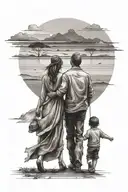 father mother and son walking towards the horizon tattoo design idea
