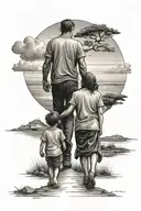 father mother and son walking towards the horizon tattoo design idea