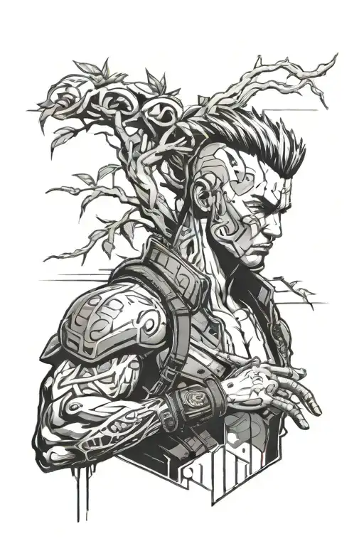 cyberpunk 2077 Samuri with tree branch tattoo design idea
