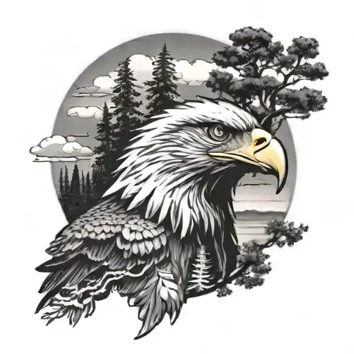 eagle and lake and trees looking forward with the face tattoo design idea