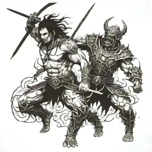 warrior fighting demons tattoo design idea