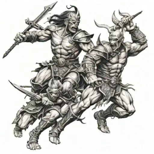 warrior fighting demons tattoo design idea