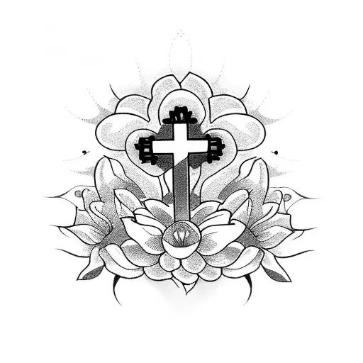 rest in peace cross with flowers tattoo design idea
