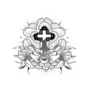 rest in peace cross with flowers tattoo design idea