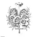 rest in peace cross with flowers tattoo design idea