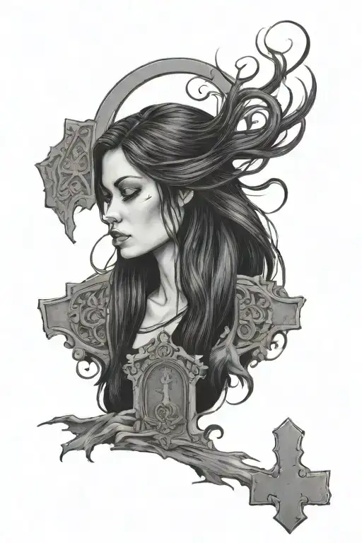 woman with black long hair in front of tombstone tattoo design idea