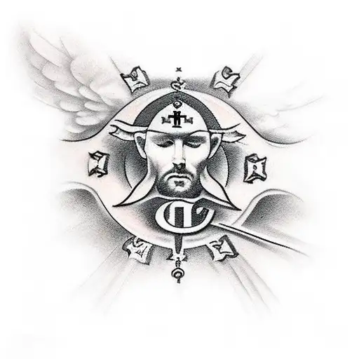 realistic black ink tattoo with a Christian Catholic theme. Incorporate symbolic elements such as crosses, angels etc tattoo design idea
