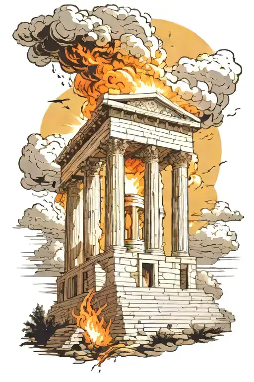 Greek temple on fire with clouds around and sun above tattoo design idea