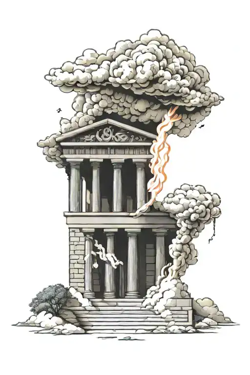 Greek temple on fire, with cloud and sun tattoo design idea