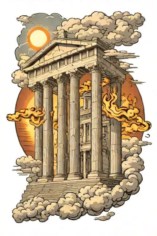 Greek temple on fire with clouds and sun tattoo design idea