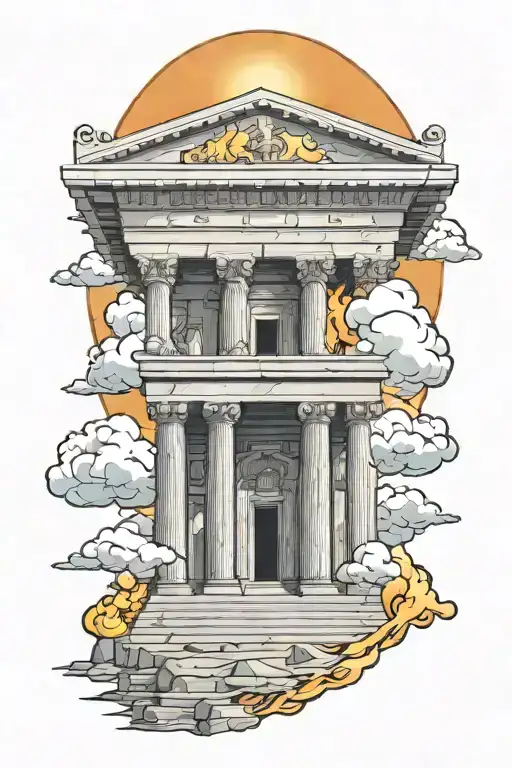 Greek temple on fire with clouds and sun tattoo design idea