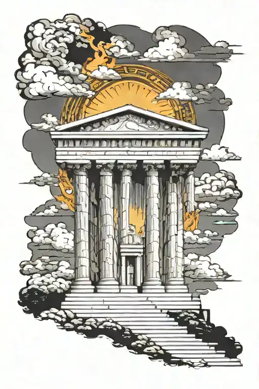 Greek temple on fire with clouds around and sun above tattoo design idea