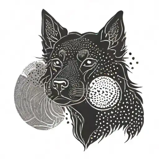 A dog silhouette with a Japanese rising sun in the background tattoo design idea