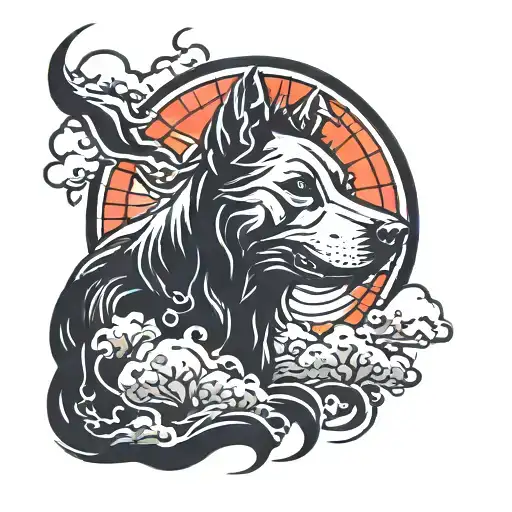 A dog silhouette with a Japanese rising sun in the background tattoo design idea