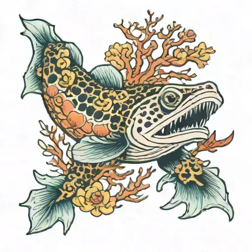 moray eel surrounded by coral reef  tattoo design idea