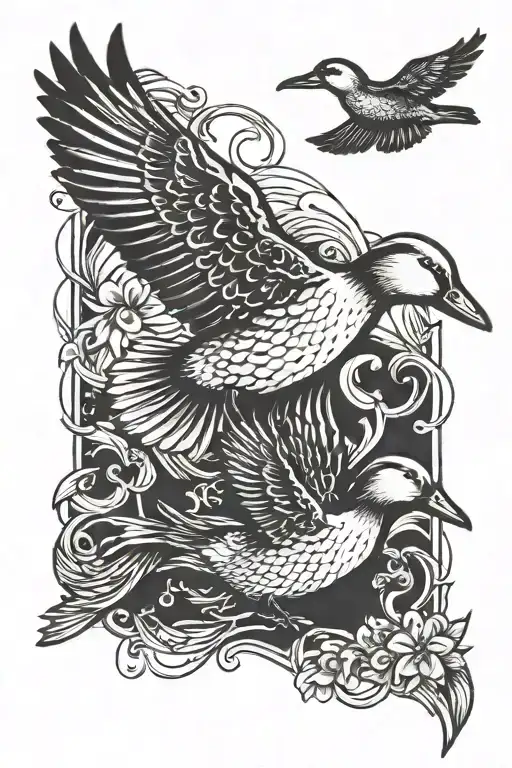 cross and duck flying tattoo design idea