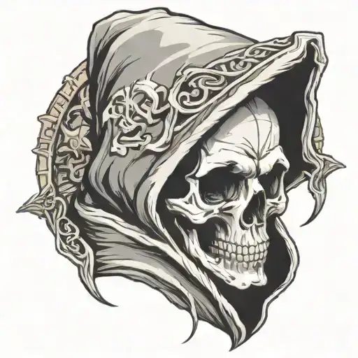 holy death skull wearing hood holding tattoo design idea