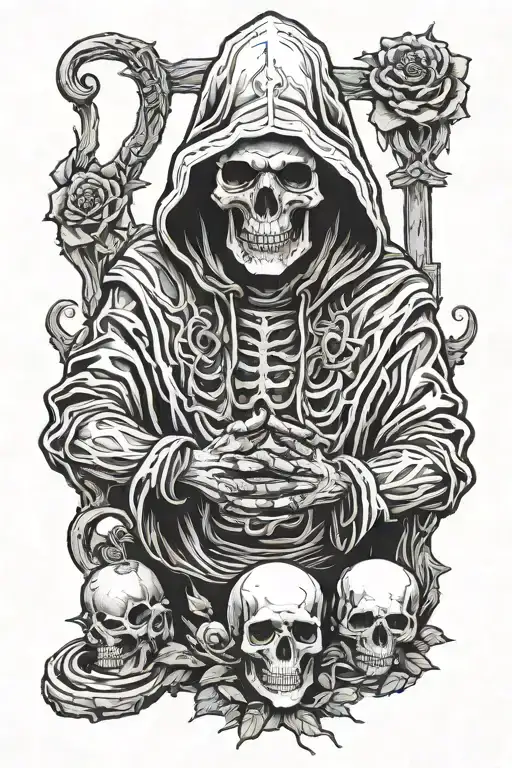 skull praying hands in grave yard wearing hood holding tattoo design idea