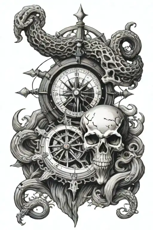 kraken skull and compass intertwined tattoo design idea