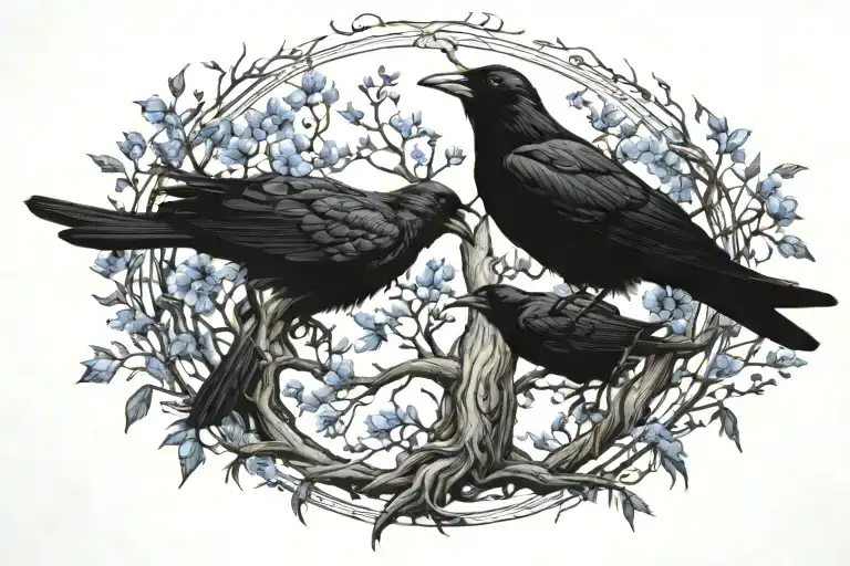 larkspur flowers intertwined 2 crows tree of life cancer zodiac tattoo design idea