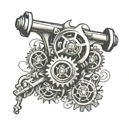 Pistons, wrench, flower, gears, chains tattoo design idea