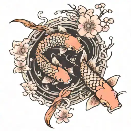 two koi fish and sakura flowers tattoo design idea