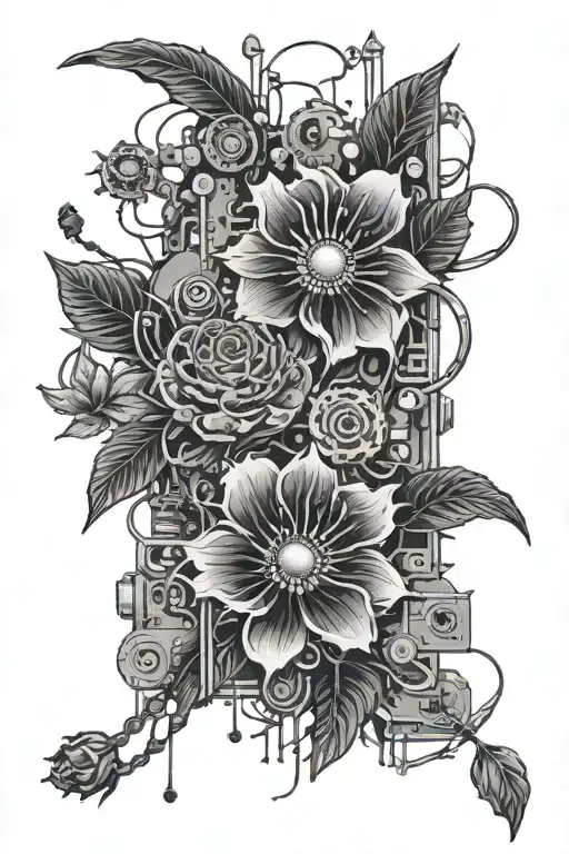 flora embedded in motherboard circuit tattoo design idea