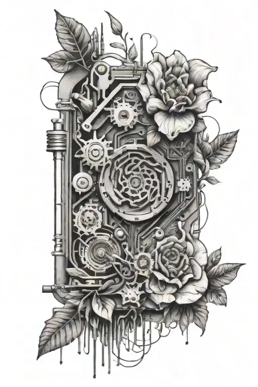 flora+ human biology embeded in a motherboard circuit tattoo design idea
