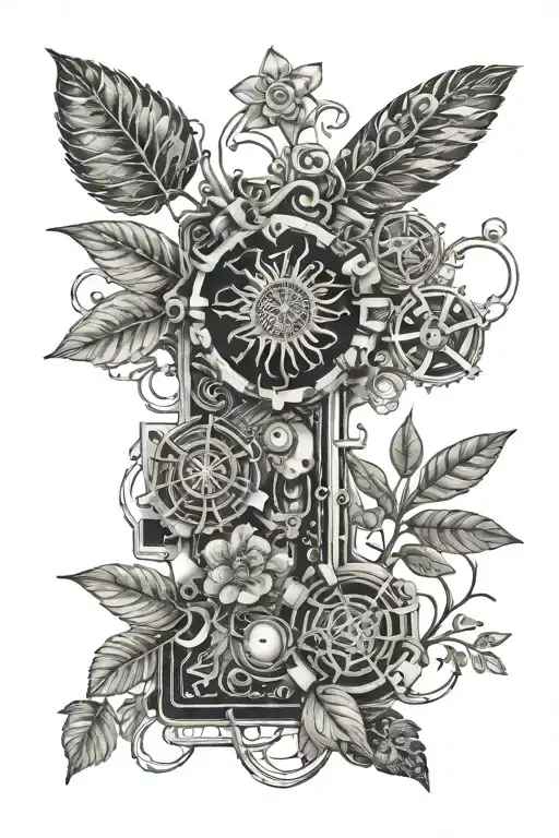 flora and biology embeded in motherboard circuit tattoo design idea