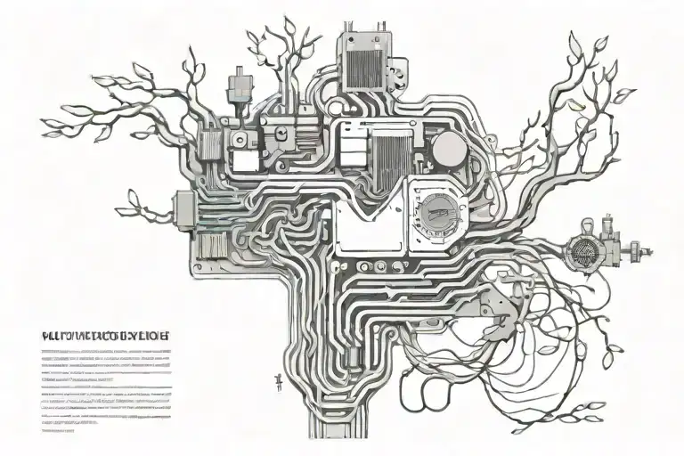 motherboard circuit, flora, and roots in cohesion  tattoo design idea