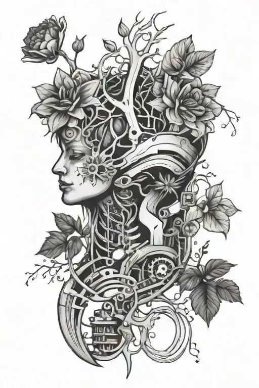 throat, flora, motherboard circuit, and roots intertwined and in cohesion together tattoo design idea