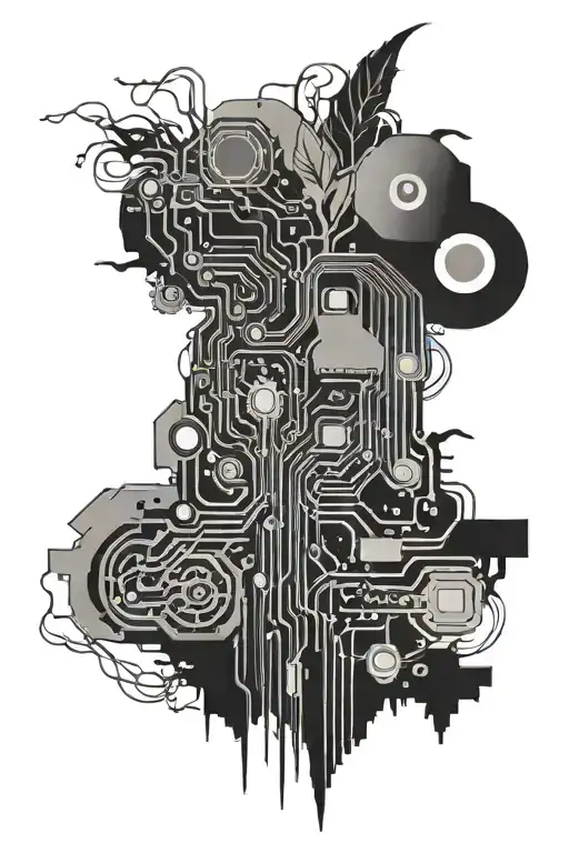 motherboard circuit, flora, and roots merging together tattoo design idea