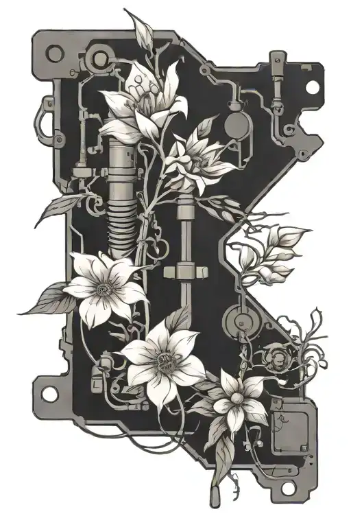 flora+biology embeded in a motherboard circuit tattoo design idea