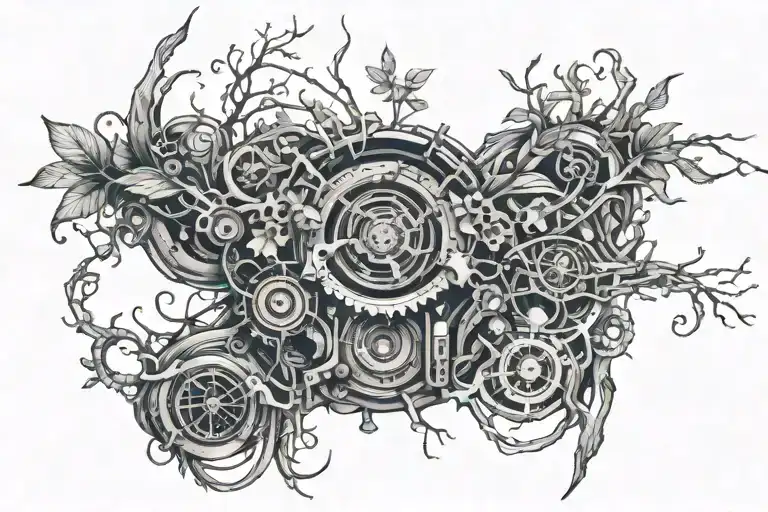 throat, flora, motherboard circuit, and roots intertwined and in cohesion together tattoo design idea