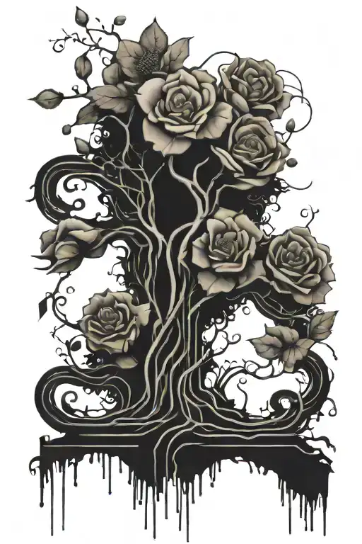 flora, motherboard circuit, and roots merging together tattoo design idea