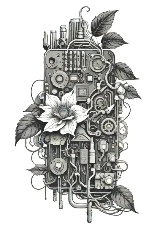 flora+biology embeded in a motherboard circuit tattoo design idea
