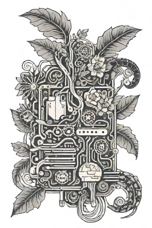 flora+ human biology embeded in a motherboard circuit tattoo design idea