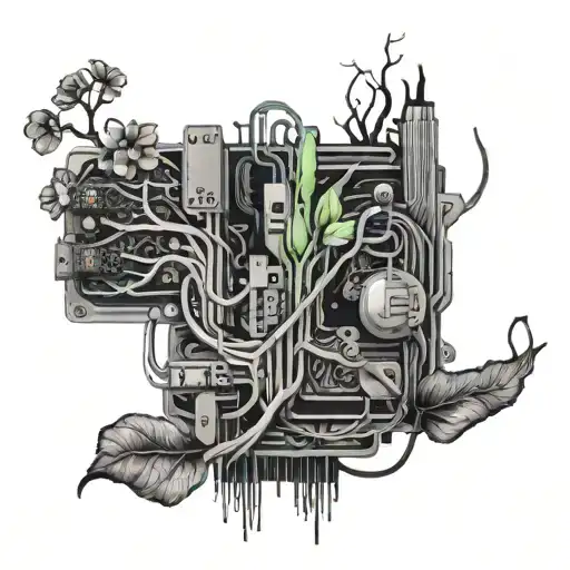 flora, motherboard circuit, and roots merging together tattoo design idea