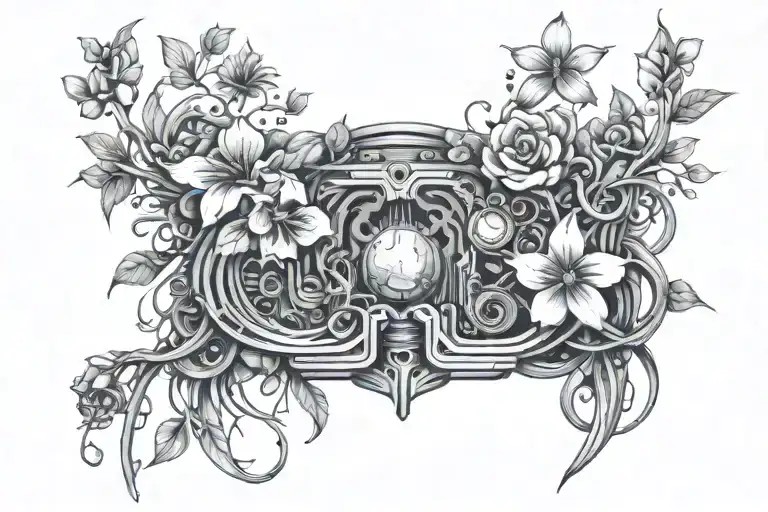 throat, flora, motherboard circuit, and roots intertwined and in cohesion together tattoo design idea