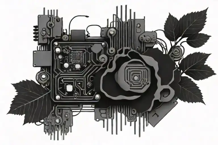 motherboard circuit, flora, and roots in cohesion  tattoo design idea