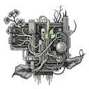 flora, motherboard circuit, and roots merging together tattoo design idea