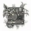 flora, motherboard circuit, and roots merging together tattoo design idea