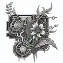 flora, motherboard circuit, and roots merging together tattoo design idea