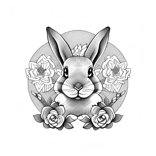BUNNY WITH floppy ears and flowers tattoo design idea