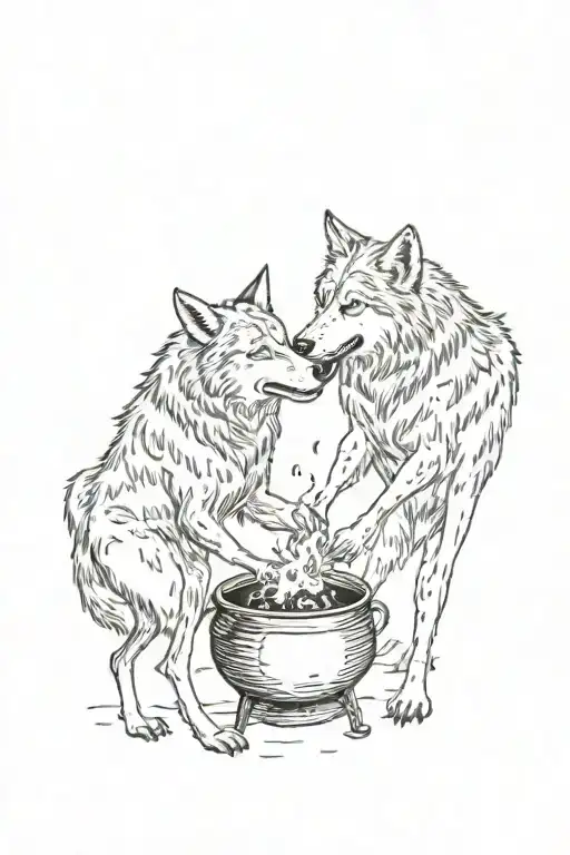 two wolves standing looking at each other, grabbing a cauldron tattoo design idea