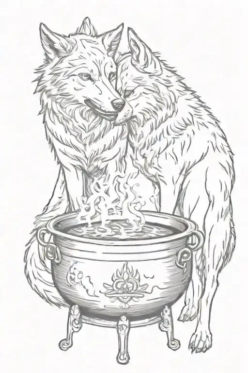 two wolves standing looking at each other, united by a cauldron tattoo design idea