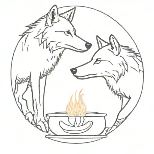 two wolves standing looking at each other, united by a cauldron tattoo design idea