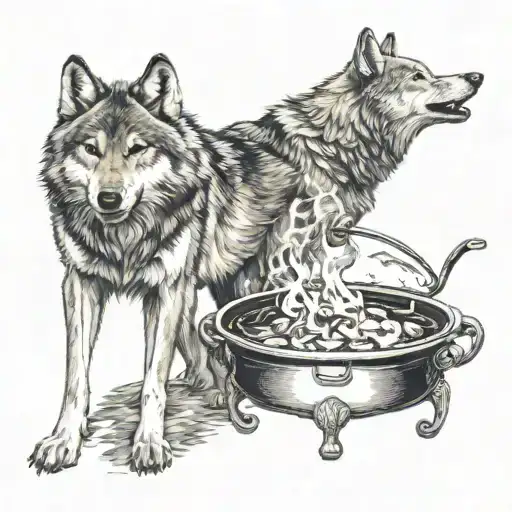 two wolves standing looking at each other, united by a cauldron tattoo design idea